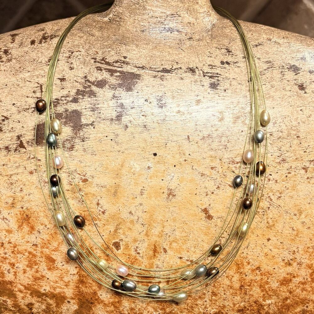 Honora Necklace Green Stainless Steel Wire & Warm Natural Pearls
